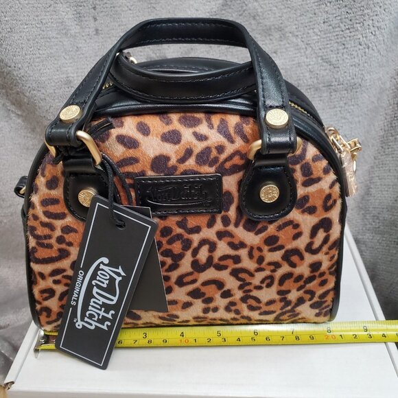 New VON DUTCH Leopard Pony Hair Bowling Bag Satchel Crossbody Handbag Black Logo - Picture 2 of 12
